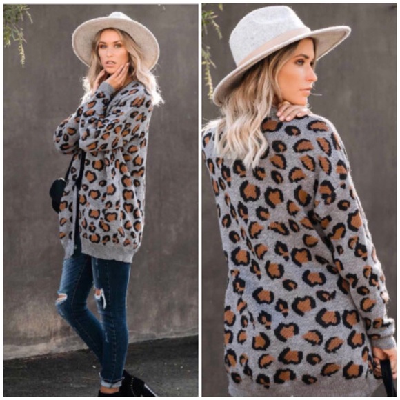 πHPx3π Only 1 large left β’Are You Kitten Me? Gray Leopard Cardigan - Picture 3 of 8